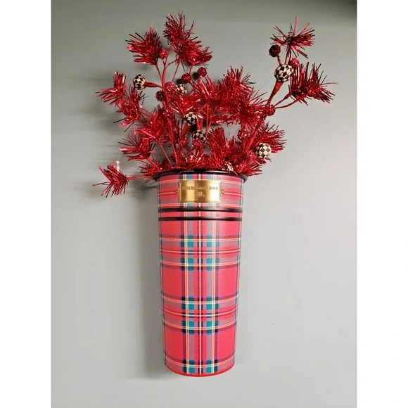 Mackenzie Childs Red Tartan Metal Bucket Wall Vase Holidays Plaid NIB Retired - Picture 3 of 8